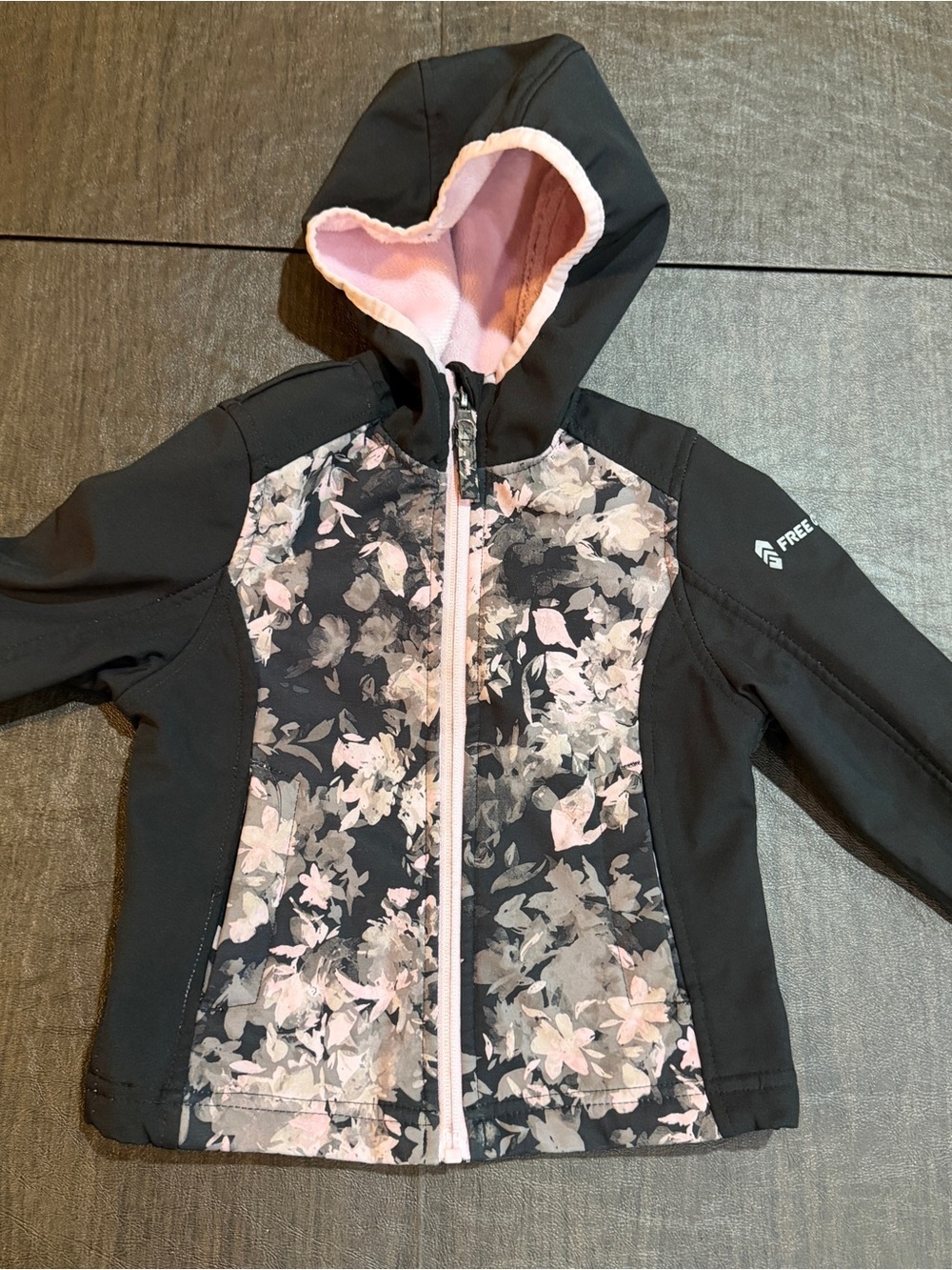 Free Country Girls' Black & Pink Floral Hooded Wind Water Resistant Jacket Sz 4